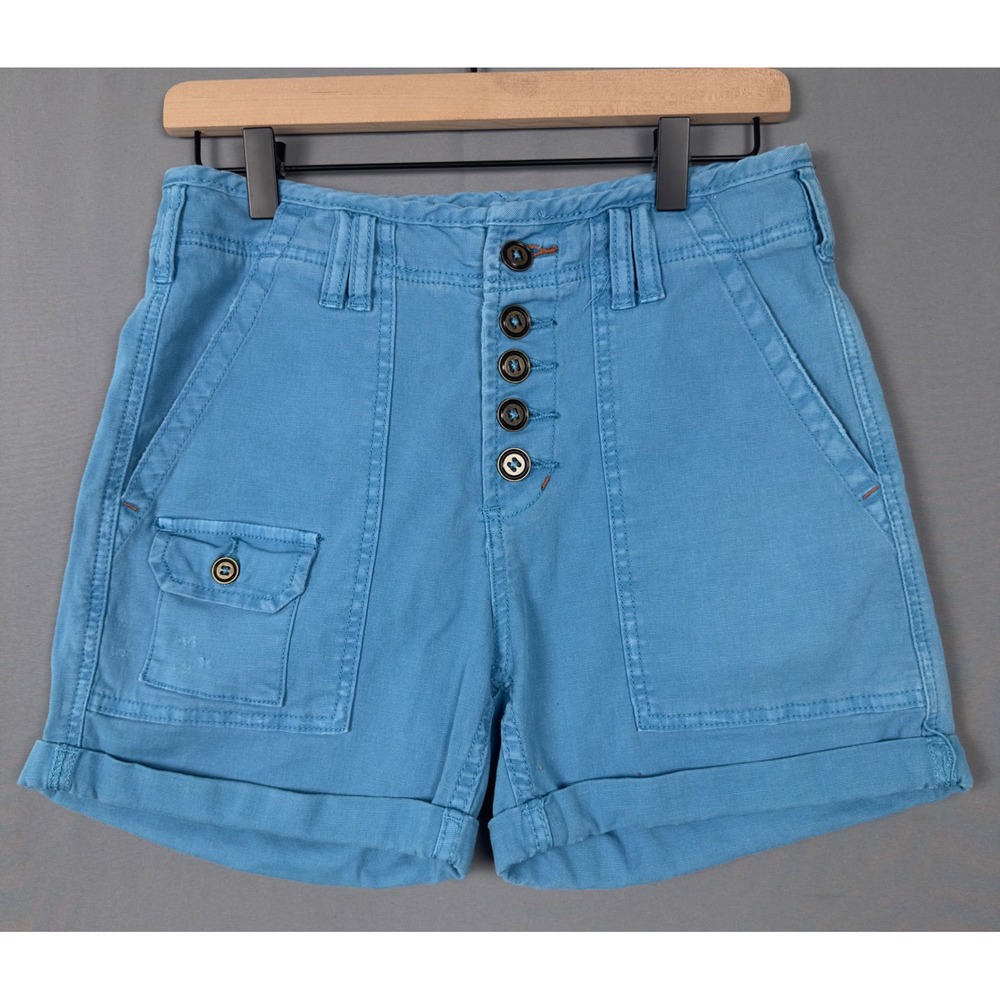 Anthropologie The Wanderer Blue Canvas High Rise Button Fly Utility Shorts 26